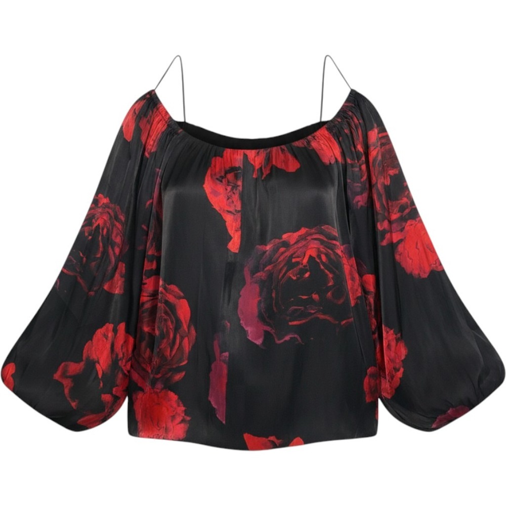 Vtg Cache Blouse Size Medium Black Red Rose Floral Balloon Sleeve Off Shoulder